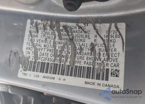 2020 Honda Civic Sport z USA, uszkodzony, nr VIN 2HGFC2F83LH550871